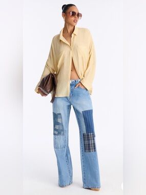 NWT FASHION NOVA Thread Lightly
Patchwork Wide Leg Jeans Medium Wash size 3